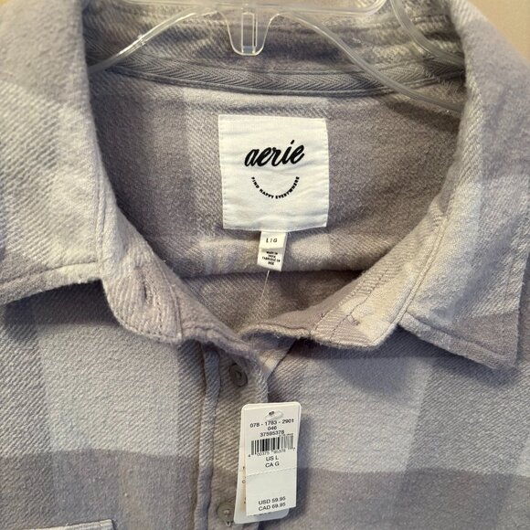 AERIE LUMBER JANE Flannel Shirt Size L in colors Gray and White Plaid - Picture 3 of 3